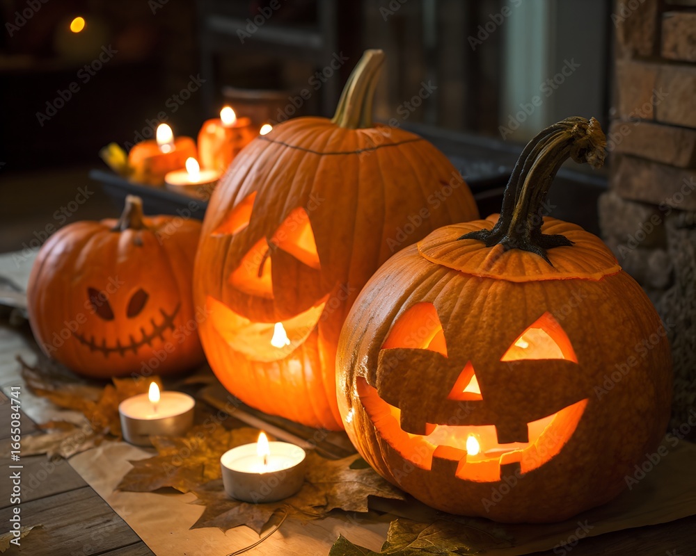 Fototapeta premium Carved Pumpkins with Candles Inside