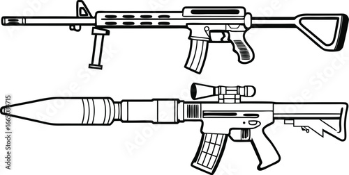 Military Weaponry: A precise, stark, black and white illustration showcases two powerful pieces of military weaponry. The images evoke a sense of modern combat and precision.