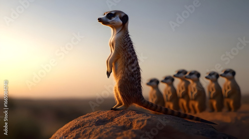 Meerkat Group On Watch At Sunrise