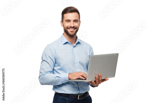 Smiling businessman holding a laptop isolated on transparent background