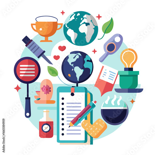 Diverse icons representing global knowledge and health