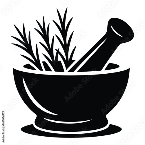 Elegant Black and White Mortar and Pestle with Fresh Herbs Illustration for Healthcare and Culinary Use