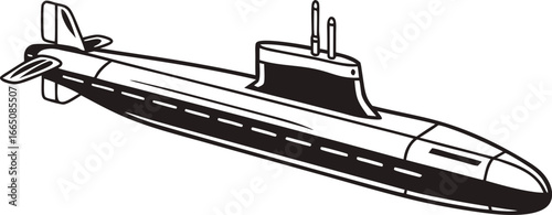 Submarine Vector Illustration: A detailed monochrome illustration of a submarine, highlighting its powerful form and advanced engineering. Perfect for conveying themes of naval power.