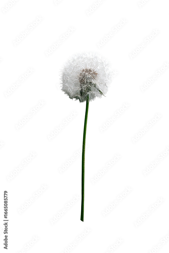 Fototapeta premium Close-up of a dandelion seed head, pale white, fluffy, on a thin green stem