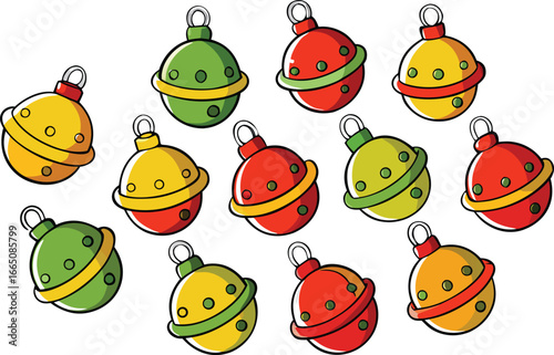 Vector art of assortment of festive christmas ornaments in red, green, and yellow