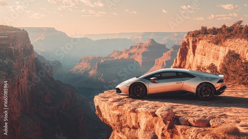 Luxury sports car overlooking Grand Canyon at sunset
