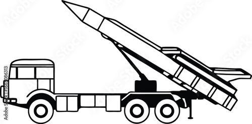Missile Launcher: A detailed monochrome illustration captures a missile launcher mounted on a military vehicle, designed for strategic deployment and defense.