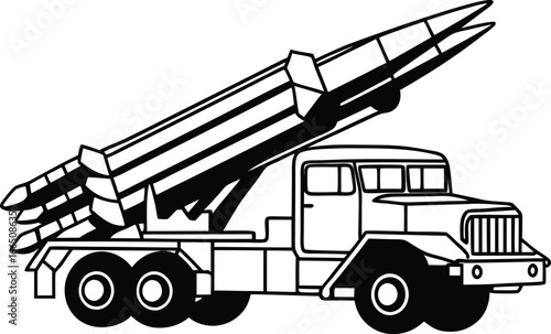 Military Rocket Launcher: A detailed illustration of a military rocket launcher mounted on a robust truck, capturing the power and precision of military technology. 