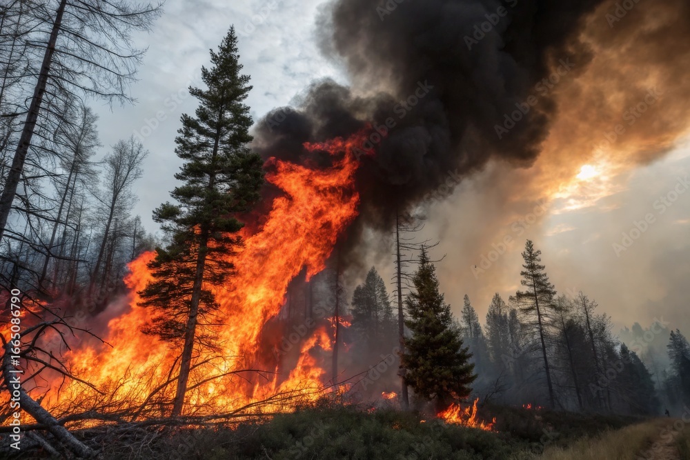 Obraz premium Dramatic view of a raging forest fire with towering flames and dark smoke.