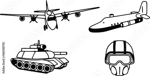 Military Vehicles and Equipment: A stark, vector illustration of military assets including an airplane, submarine, tank, and helmet, emphasizing power and readiness.