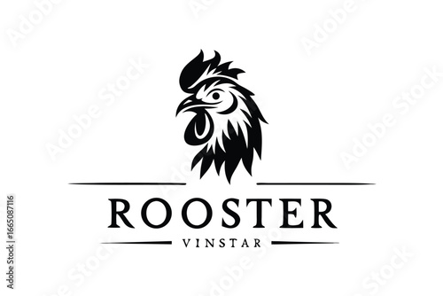 Rooster Farmyard Logo Black Detailed on White Background