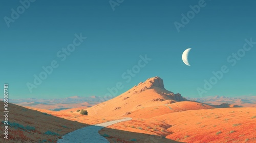 A solitary desert landscape with an orange mountain under a clear blue sky featuring a crescent moon and a winding dirt path