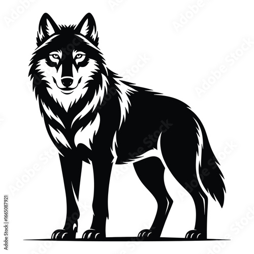 Elegant Monochrome Wolf Illustration Standing Proudly Wildlife and Nature Depiction in Striking Detail Against White Backdrop
