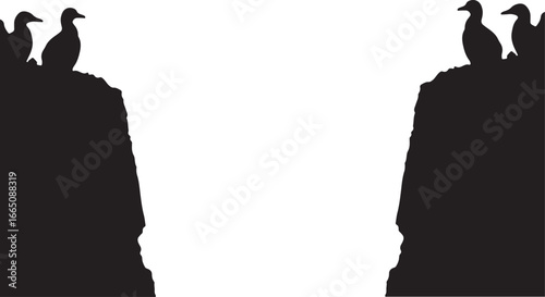 Elegant silhouettes of cormorant seabirds perched on opposite rock cliffs, creating a negative space vector design