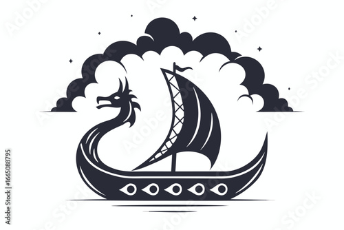 Viking Drakkar Dragon Boat Silhouette Against Cloudscape on White Background