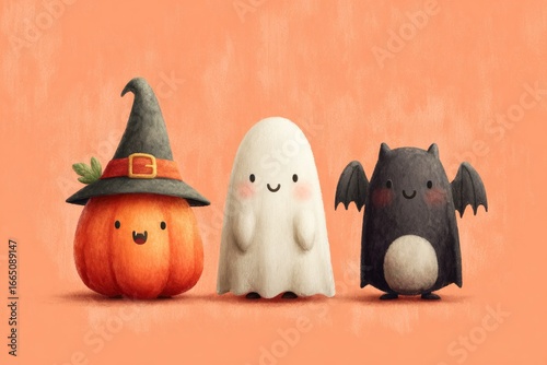 Smiling halloween pumpkin, ghost, and bat characters wearing costumes are posing together on an orange background