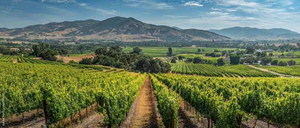 Fototapeta premium The Vineyard Rows Stretching Across a Sunlit Valley Below Distant Mountains