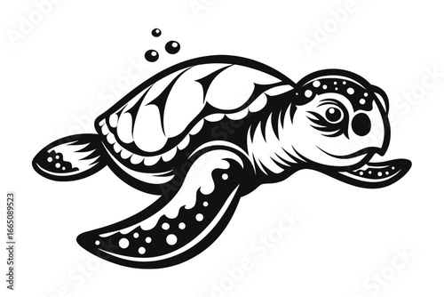 Smiling Turtle Swimming Under Sea Waves Cartoon on White Background Design