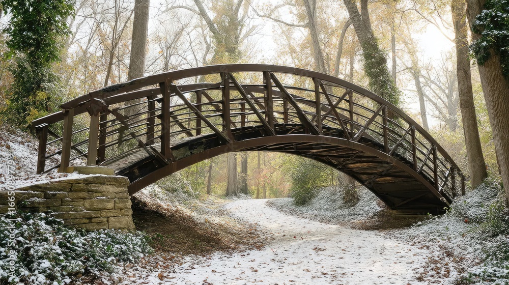 Fototapeta premium A covered bridge over a path in a winter woodland.