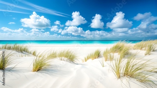 Fototapeta Naklejka Na Ścianę i Meble -  Stunning Beach Paradise White Sand Dunes, Azure Waters, and Clear Skies Create a Tranquil Coastal Landscape for Ultimate Relaxation