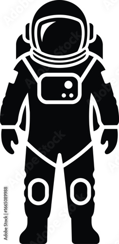 Black and White Astronaut Silhouette in Spacesuit with Helmet and Backpack.
