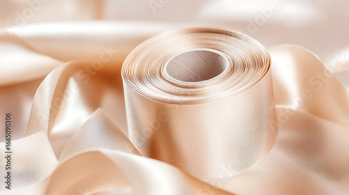 A roll of light peach colored satin ribbon resting on more satin ribbon in a soft focus shot
