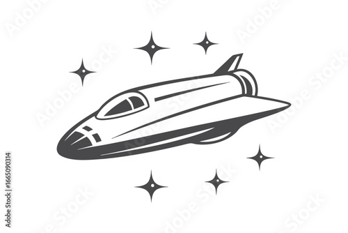 Retro Spacecraft Vector, Black and White Illustration, Rocket Design on White Background