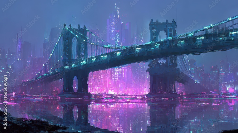 Obraz premium Futuristic city bridge night cityscape reflection neon