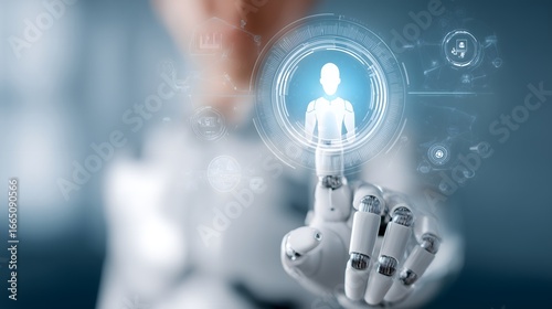 A robot is holding a card with a person's face on it. The robot is holding the card up to a screen, possibly to show a photo or a message. Concept of technology and artificial intelligence