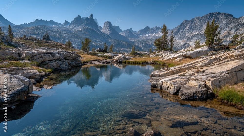 Fototapeta premium Serene alpine lake scene with mountain range and clear water