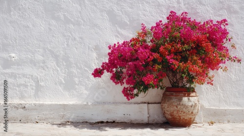 Bright pink bougainvillea by a white wall