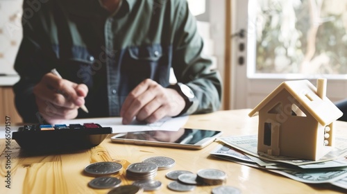 A middle-aged man hunched over bills, calculator in hand—crunching mortgage numbers, tallying credit card dues. Furrowed brows meet scribbled notes, as monthly burdens weigh on his mind, balancing inc