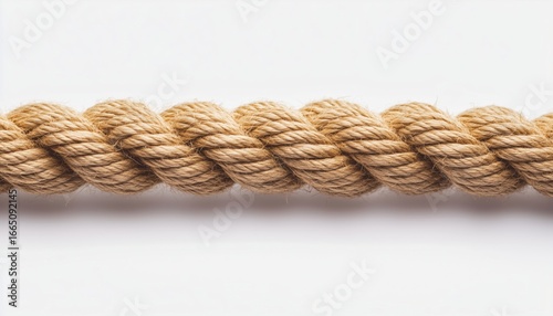 Detailed View Of Taut Rope On White Background. Photograph Captures The Intense Pressure And Tension Of The Pulled Rope. White Background Contrast.