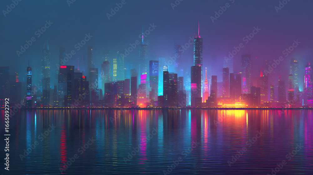 Obraz premium Vibrant City Skyline at Night with Colorful Lights and Reflections