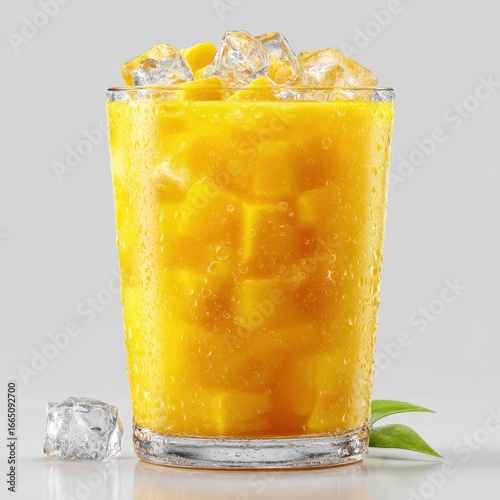 Refreshing mango smoothie in glass, ice cubes, studio shot, grey background; summer drink menu