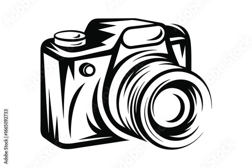 Retro Camera Illustration, Photography Device, Black and White Icon on White