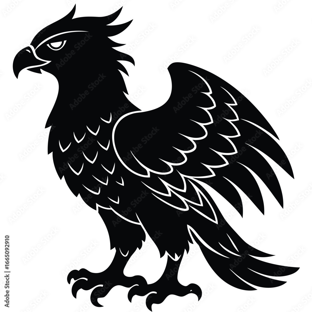 Obraz premium Black Heraldic Griffin Illustration Mythical Creature with Wings, Feathers, and Sharp Talons Detail