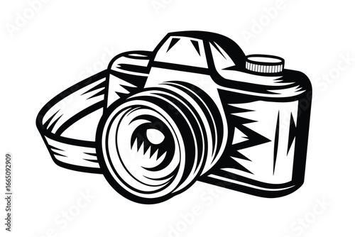 Stylish black and white of vintage camera with a strap on white