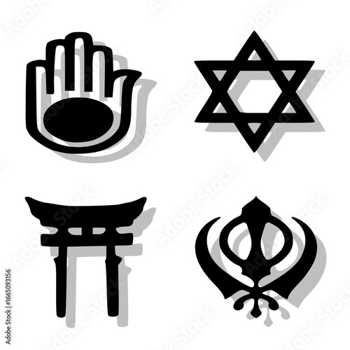 Religious Symbol Vector Icons. Set of religious icons including Star of David, Om, Sikh Khanda, Buddhist Dharma wheel, and others, cultural and spiritual illustration.