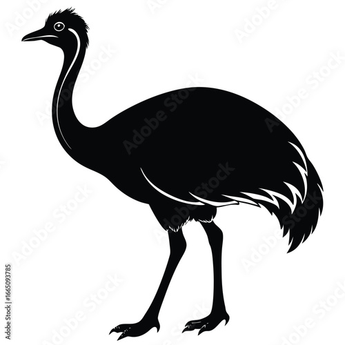 Black Silhouette of a Standing Emu with Long Neck and Distinct Claws Depicted