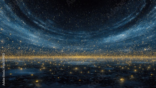 Abstract starry night sky, illuminated with golden lights over dark water