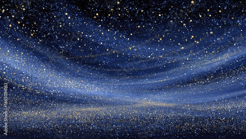 Abstract cosmic scene with shimmering gold and blue sparkles