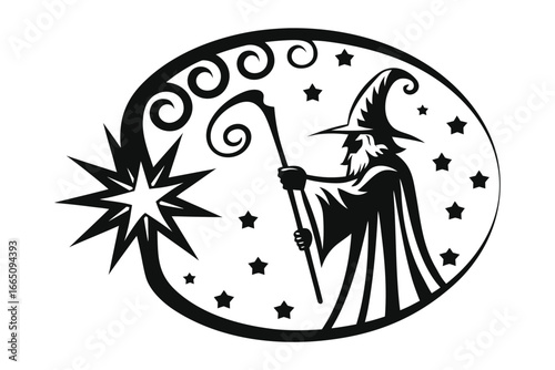 Wizard Silhouette with Magic Staff and Stars in Black and White, Icon