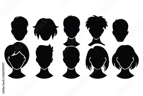 Collection of Diverse Black Silhouette People Head and Shoulders Illustrations on a White Background