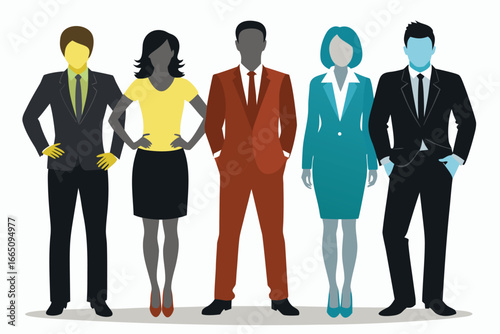 Colorful Flat Design of Five Diverse Business People Standing Together Teamwork and Leadership