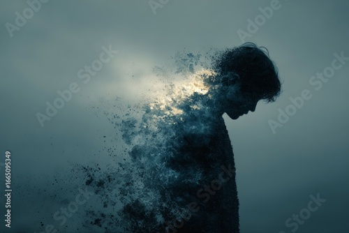Silhouette of a sad man disappearing, fading away, dissolving into dust particles with sunlight behind him
