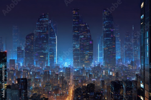 Futuristic City Night Skyline, Aerial View
