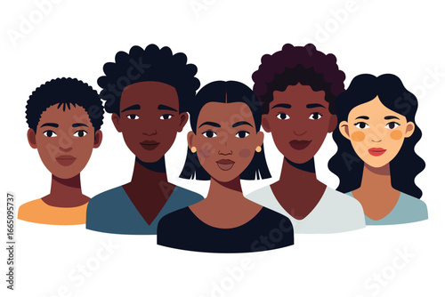 Diverse Group of Five African American Women with Natural Hair Illustrations, Shoulder Up View