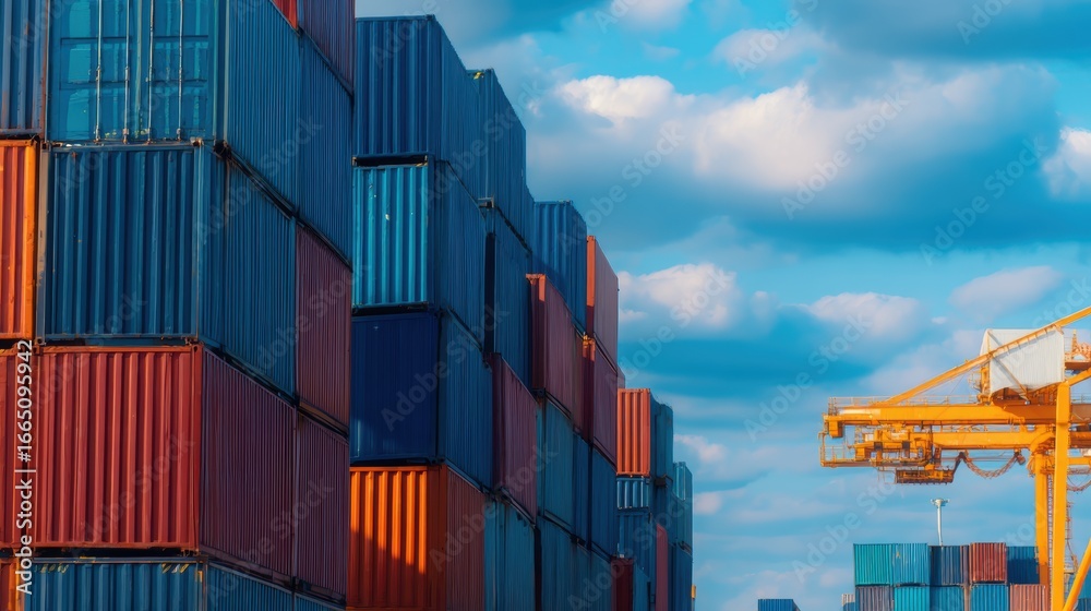 Fototapeta premium Stacked shipping containers in a busy port under a bright blue sky with fluffy clouds