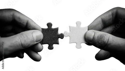 Two hands holding jigsaw puzzle pieces, black and white